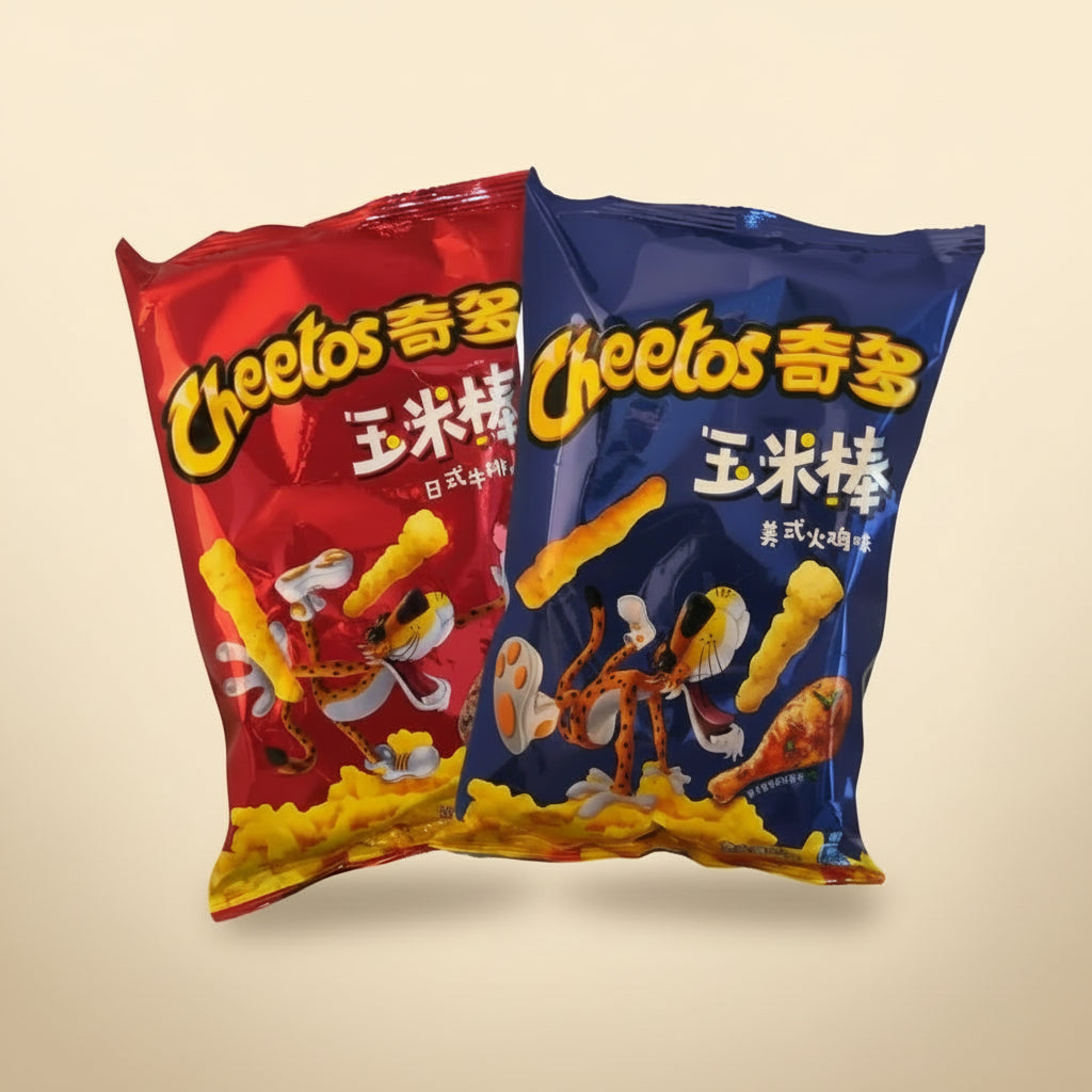 Red Bag: Cheetos Japanese Steak Flavor (China)
• Blue Bag: Cheetos American Turkey Flavor (China) 2Packs